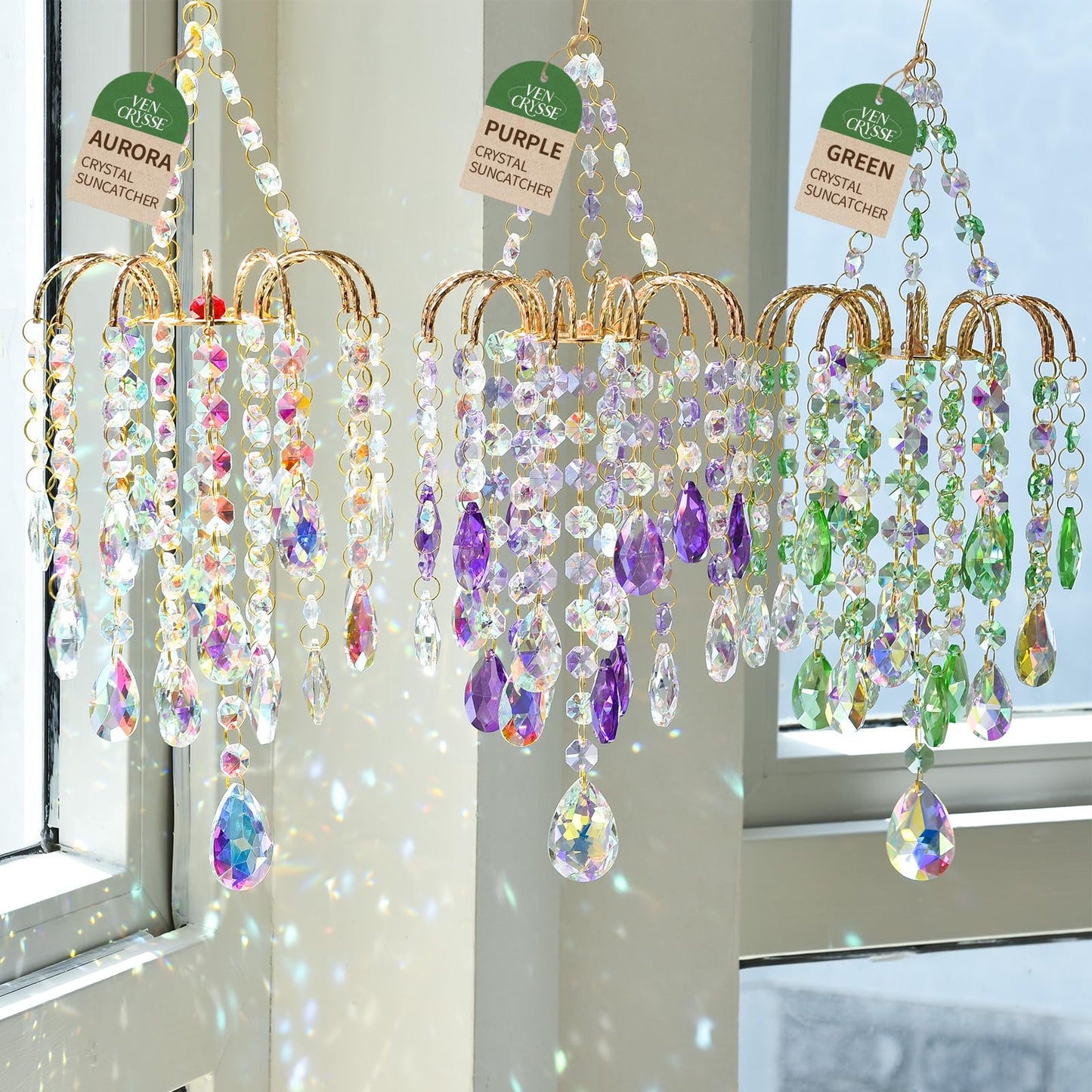 Hanging Window Garden Crystal Sun Catcher, Luxury Elegant Gold-Plated Decor, Party Crystal Ornament (Aurora)
