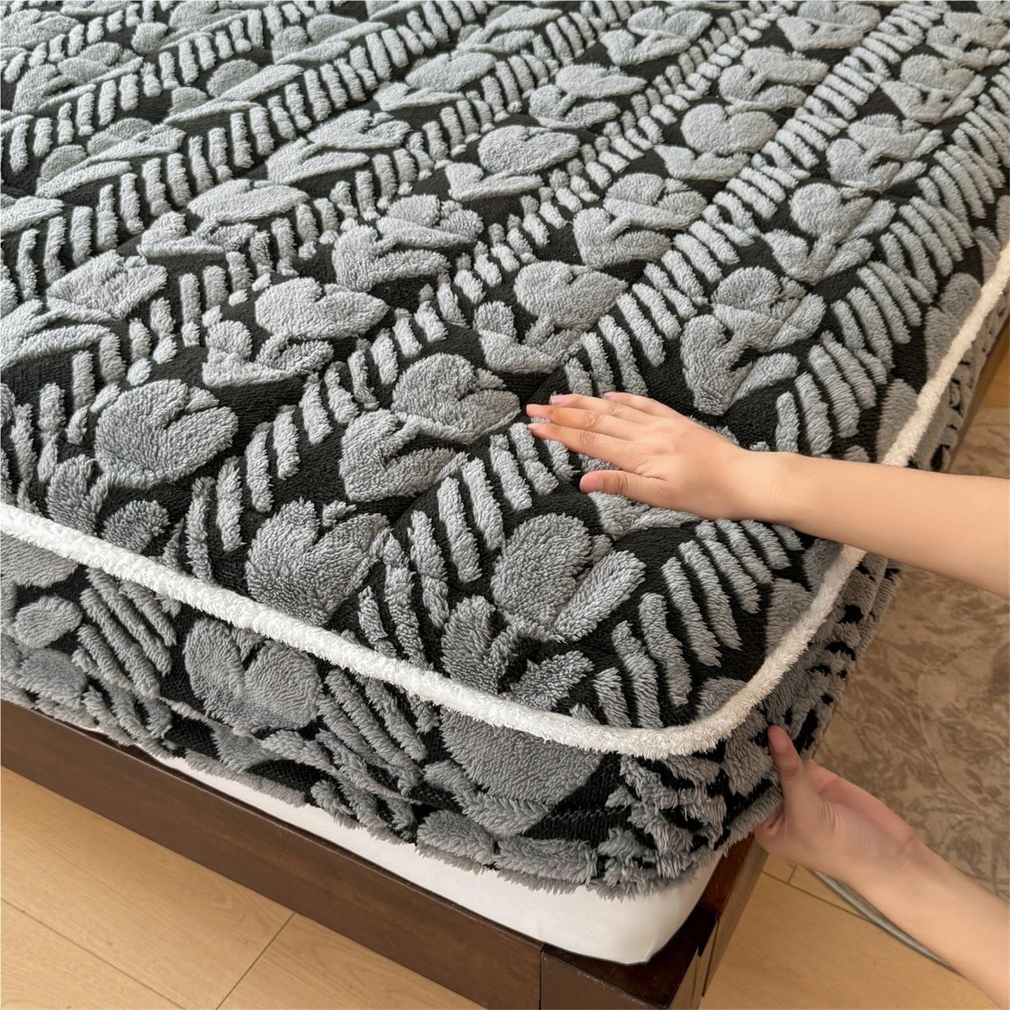 Elastic Bed Sheets, Plush Fluffy Velvet Fitted Sheet, Super Warm Winter Bottom Sheet with 11" Deep Pockets, Machine Washable and Non-Fade(A,2*Pillow Cover)