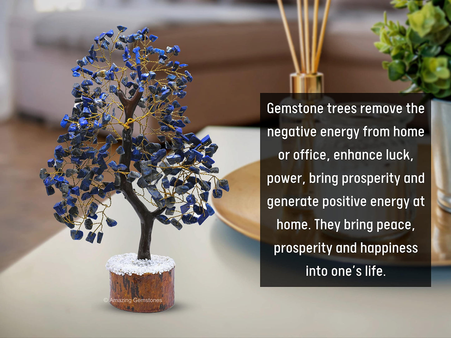 Amazing Gemstone Lapis Lazuli Natural Healing Crystal Bonsai Feng Shui Fortune Money Tree of Life for Home Office Decor, 10-12 Inch