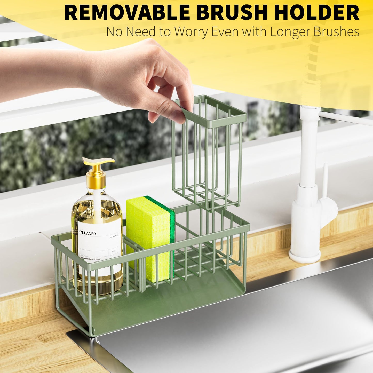 Cisily Kitchen Sink Caddy Organzier with High Brush Holder, Sponge Holder for Sink, 304 Rustproof Stainless, Kitchen Countertop Soap Dispenser Organizer, Kitchen Decor and Accessories