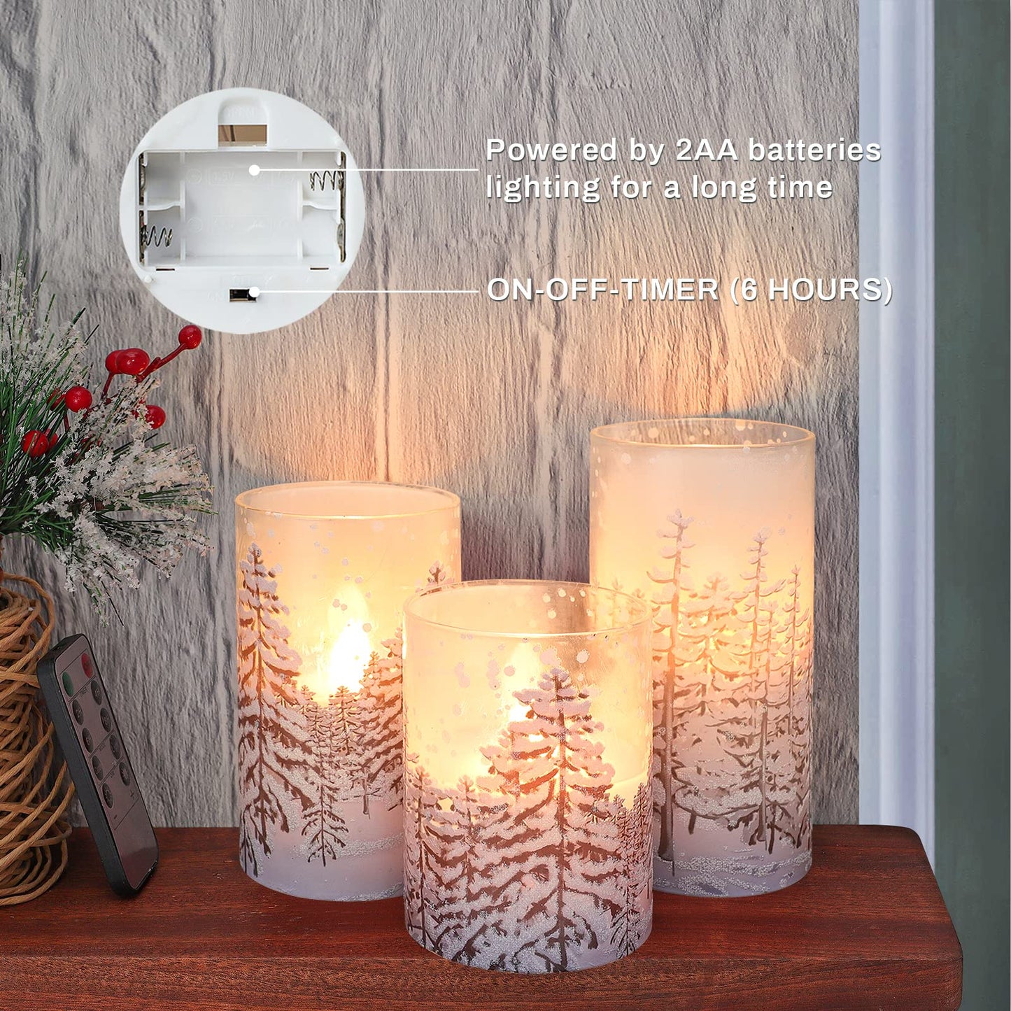 REVELBUNNY Christmas Tree Flameless Candles, Flickering Battery Operated LED Candles with Remote Timer, Snowflake Iced Glass Pillar Candles for Holiday Party Home Decoration Christmas Gifts, Set of 3