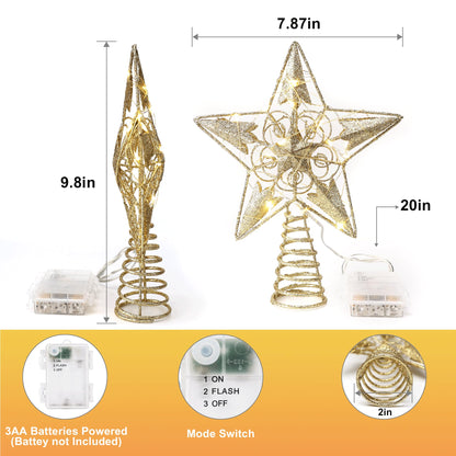 Brizled Gold Christmas Tree Topper Lights, 8" Hollow-Out Star Tree Topper with 20 LED Warm White Lights, Battery Powered Xmas Tree Topper 5 Point Star Treetop for Christmas Tree Home Party Decor