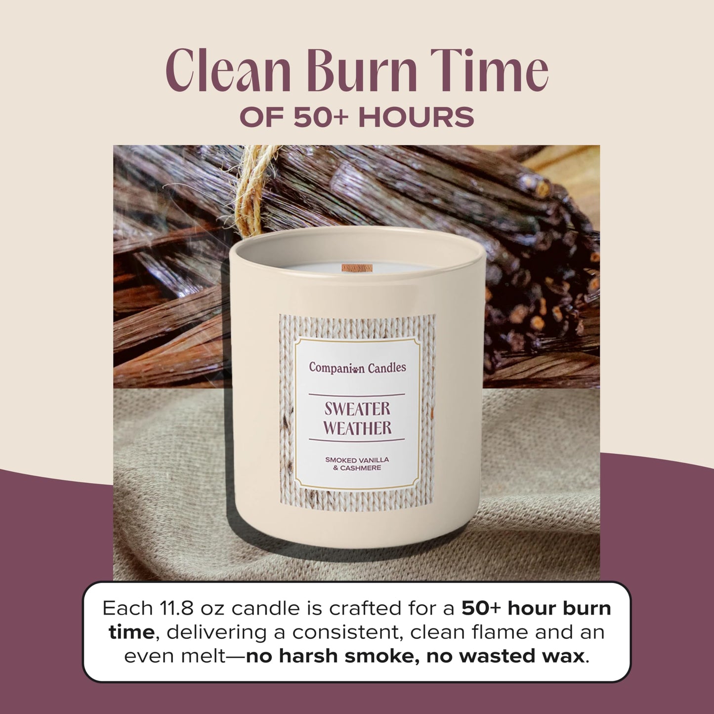 Companion Candles Sweater Weather Pet-Friendly Scented Candle – Smoked Vanilla & Cashmere Fragrance - Coconut Soy Wax Candle with Wooden Wick, Approx. 50-Hour Burn Time, Made in USA, 11.8 oz