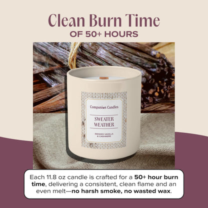 Companion Candles Sweater Weather Pet-Friendly Scented Candle – Smoked Vanilla & Cashmere Fragrance - Coconut Soy Wax Candle with Wooden Wick, Approx. 50-Hour Burn Time, Made in USA, 11.8 oz