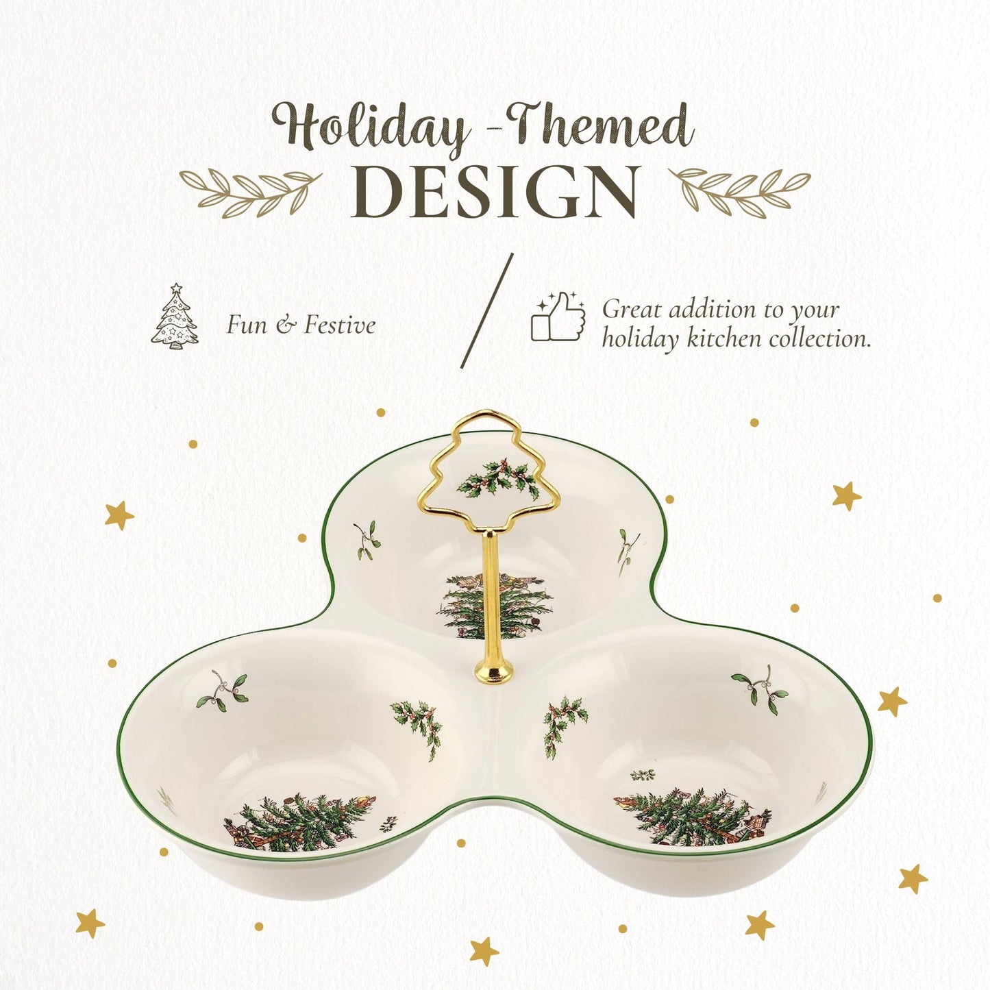 Spode Christmas Tree 3 Section Server with Tree Handle - Divided Serving Tray for Nuts, Candies, Condiments, Holiday Treats - Festive Earthenware Tableware for Seasonal Entertaining & Hosting