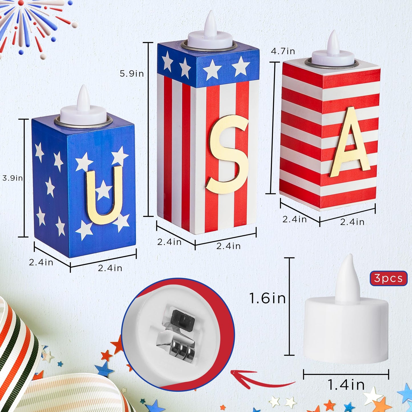 BlcTec 4th of July Decorations, 3 PCS Patriotic Wood Candle Holders with Tea Lights, Rustic Farmhouse Centerpieces for Home, Tiered Tray, Tabletop, Mantel, Office, Porch, Memorial Day, July 4th Décor
