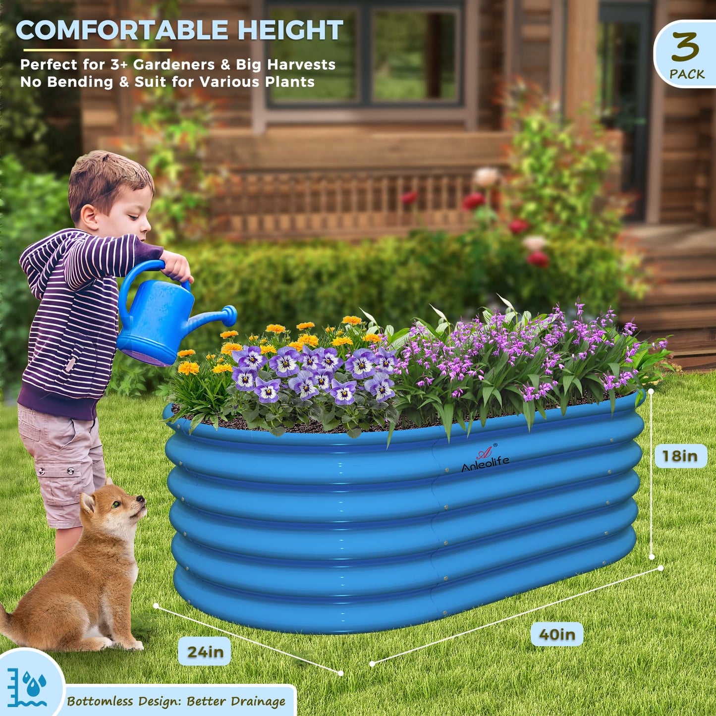 A ANLEOLIFE Kids Mini Raised Garden Beds Outdoor (3-Pack)-40x24x18in Oval Round Galvanized Metal Planter Box for Planting Vegetables, Flowers, Fruits, Eco-Safe & Easy Setup, Sky Blue