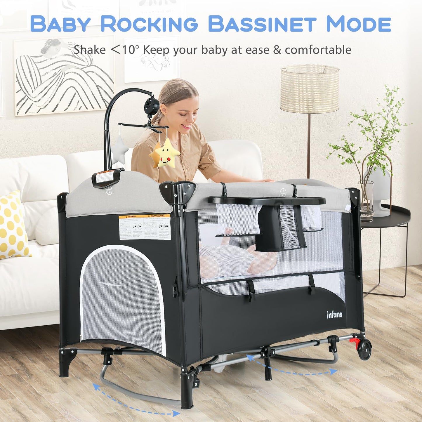 INFANS Pack and Play, 5 in 1 Baby Bedside Sleeper with Bassinet, Diaper Changer, Mattress, Carry Bag, Music Box Hanging Toys, Foldable Bedside Crib, Portable Playard for Newborn Toddlers (Gray)