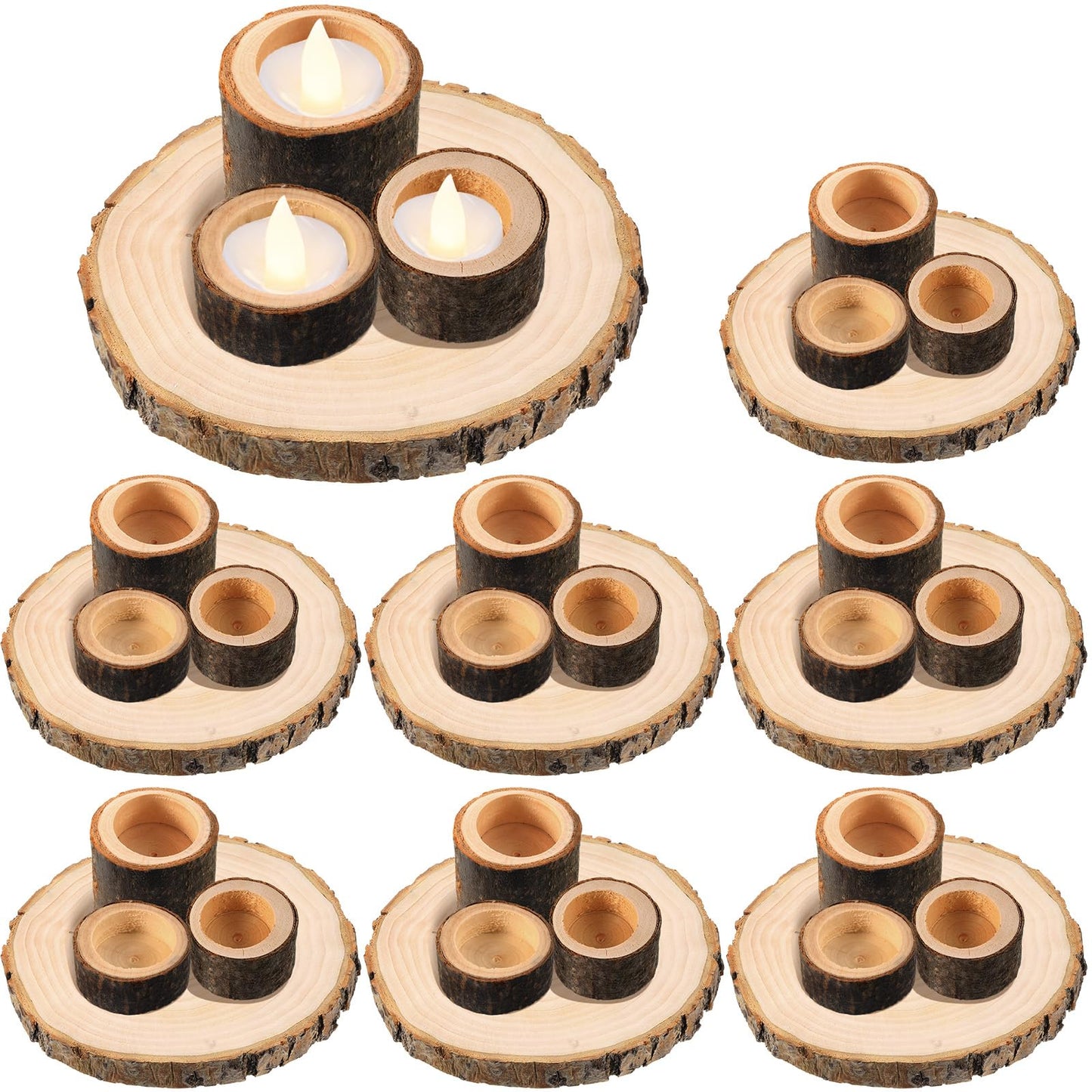Mumufy 32 Pack Wooden Tealight Candle Holder with Wood Slices for Centerpieces Natural Rustic Candlestick Party Supplies for Table Dining Birthday Home Decor(Only Applicable to LED Candles)