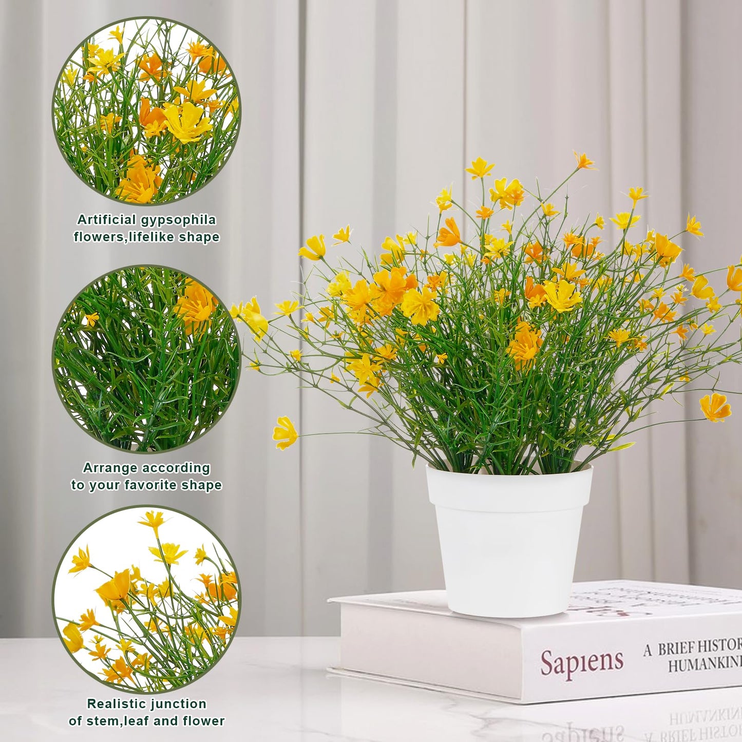 Blafrozzing Babys Breath Potted Fake Plants with Flowers Faux Plants Indoor for Home Office Bookshelf Table Farmhouse Room Decor (Yellow)