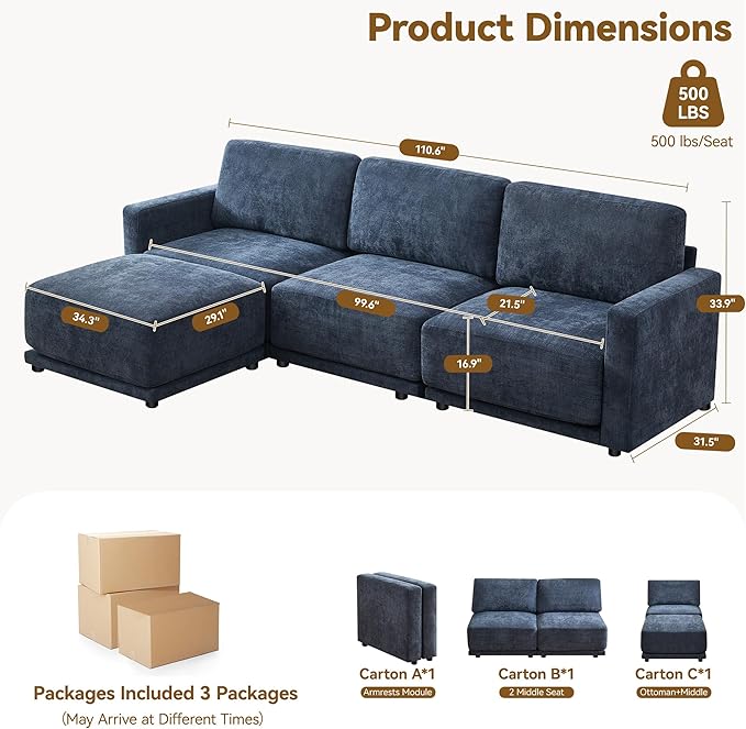 110.6" L Shaped Sectional Sofa, Modular Cloud Deep Seat Couch