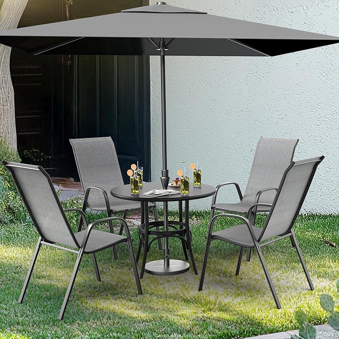 VINGLI Patio Chairs Set of 2 – Stackable Outdoor Dining Chairs with Comfortable Sling High Back Chairs and Armrests for Lawn, Poolside, Courtyard, Balcony, Garden, Silver Gray