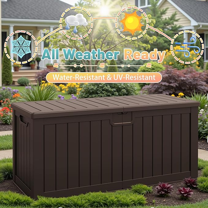 Patiowell 240 Gallon Large Outdoor Storage Box, Waterproof Deck Box with Fixed Divider, Lockable and Durable Patio Storage Solution for Patio Furniture and Garden Tools (Brown)