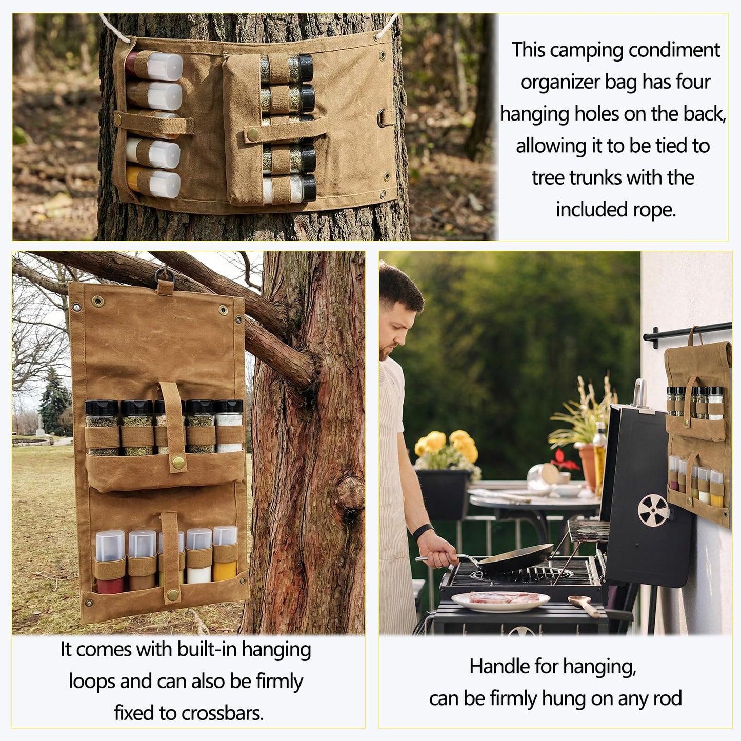 Portable Camping Spice Jars Organizer Kit for Travel, Canvas Seasoning Storage Bag Organizer with 5 Spice Bottles for Salt/Pepper, 5 Oil Spray, Condiment Container Set for BBQ, Hiking, Picnics