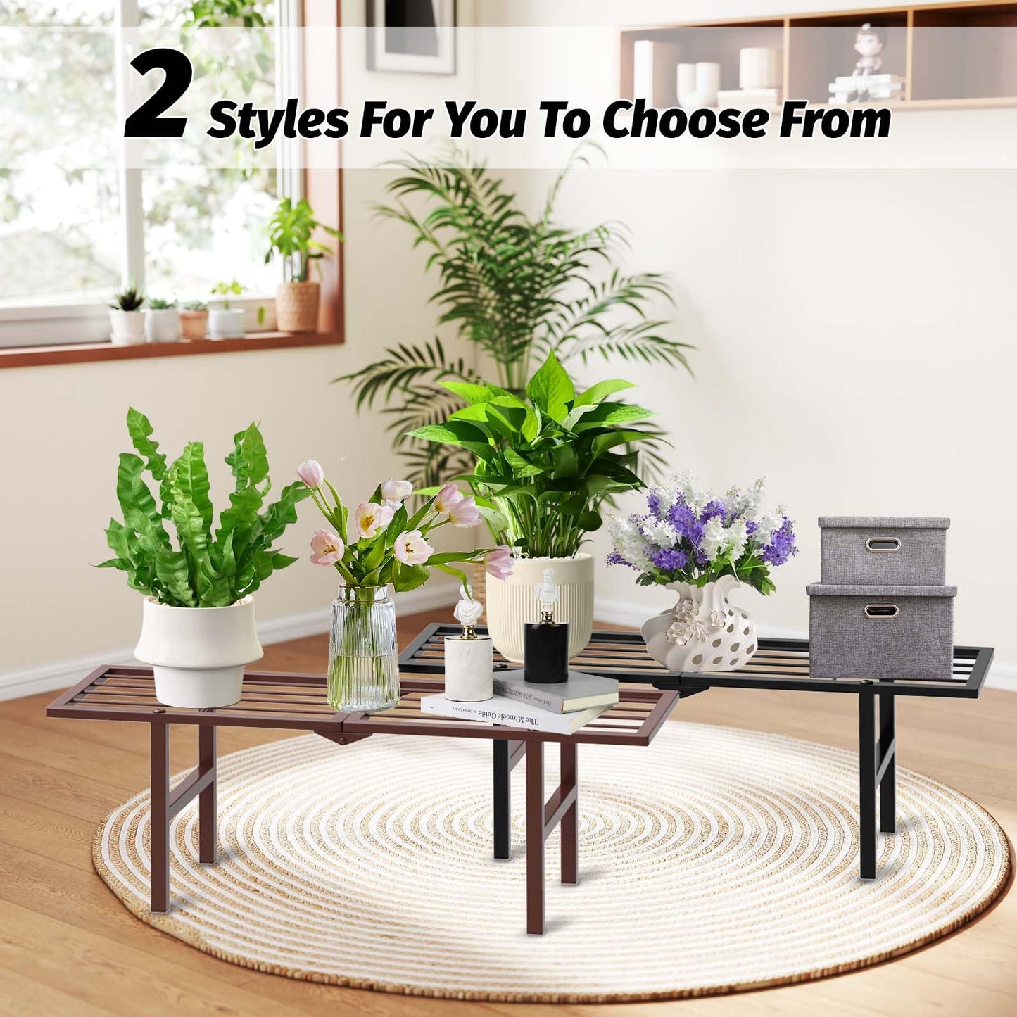 jsyonii 2 Pack Metal Plant Stand Outdoor Indoor, 1 Tier Folding Tiered Flower Plant Shelf, Heavy Duty Ladder Multiple Pot Display Plant Rack for Patio Garden Balcony Windowsills, Brown