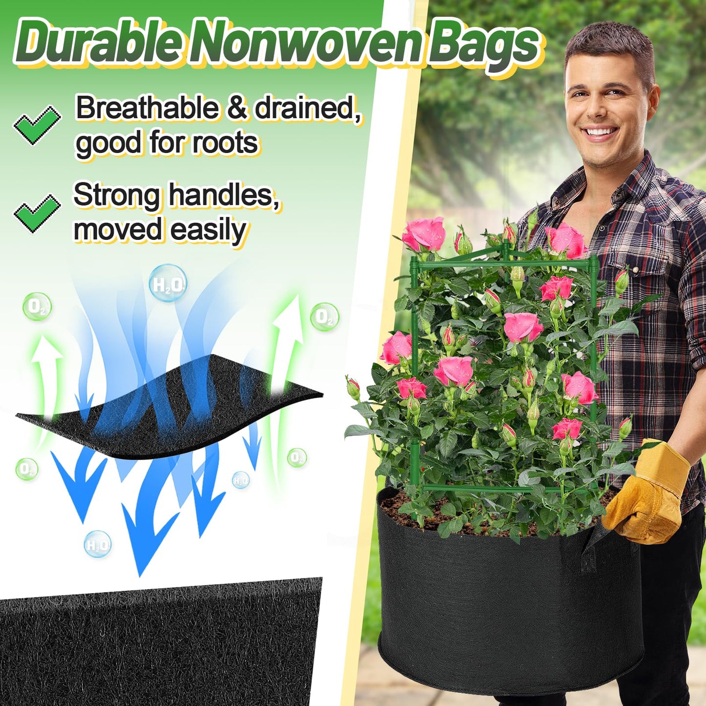 ANPHSIN Sturdy Triangle Tomato Cage with Movable 15 Gal Grow Bags - 3 Sets 47'' Plants Garden Trellis Planters, Support for Indoor Outdoor Beans, Peppers, Eggplants, Climbing Vegetables