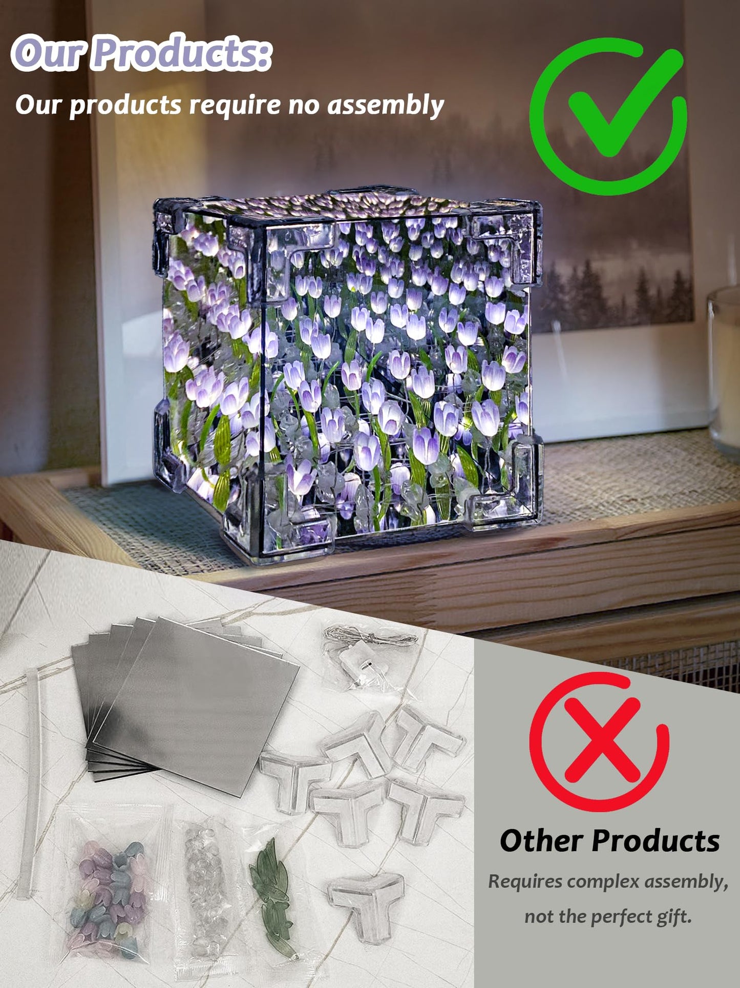 Tulip Night Light, LED Infinity Mirror Lamp Tulips DIY Finished Poduct Decorations Lights Artificial Flower Bedside Table Lamp Creative Birthday Gifts for Women Mom Grandma Wife (Purple Finished)