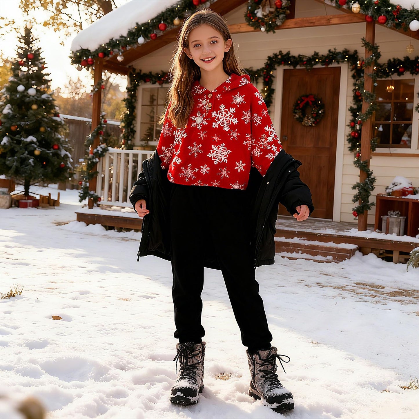 TUONROAD Red Snowflake Hoodies for Teen Girls 10 12 Years Fuzzy Sherpa Oversized Pullover Sweatshirt Size 13 14 Young Girl's Cute Button Cropped Tops Tee Children Juniors Christmas Party Outfits