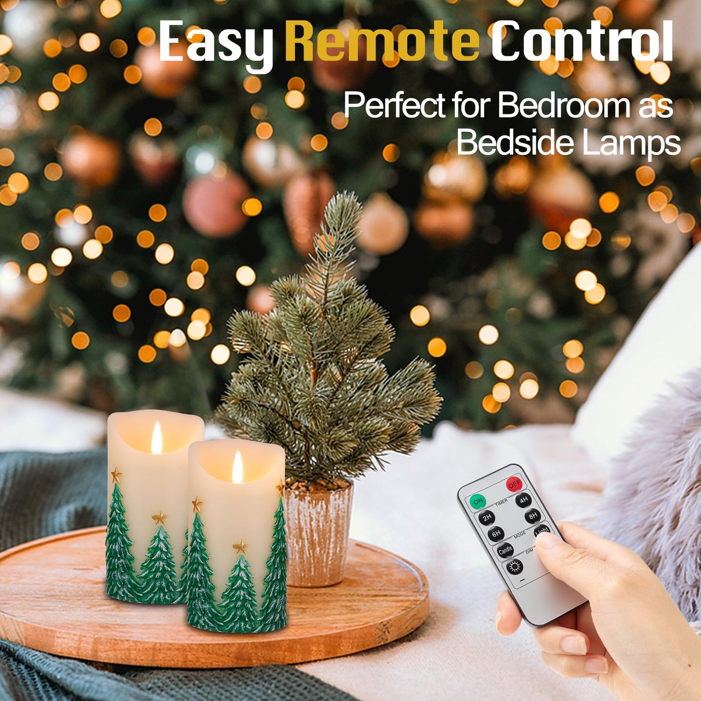 JOIONE Christmas Embossed Tree Flameless Candles with Remote, Battery-Operated Real Wax LED Candle with Flickering Flame, Christmas Home Decor, Set of 2