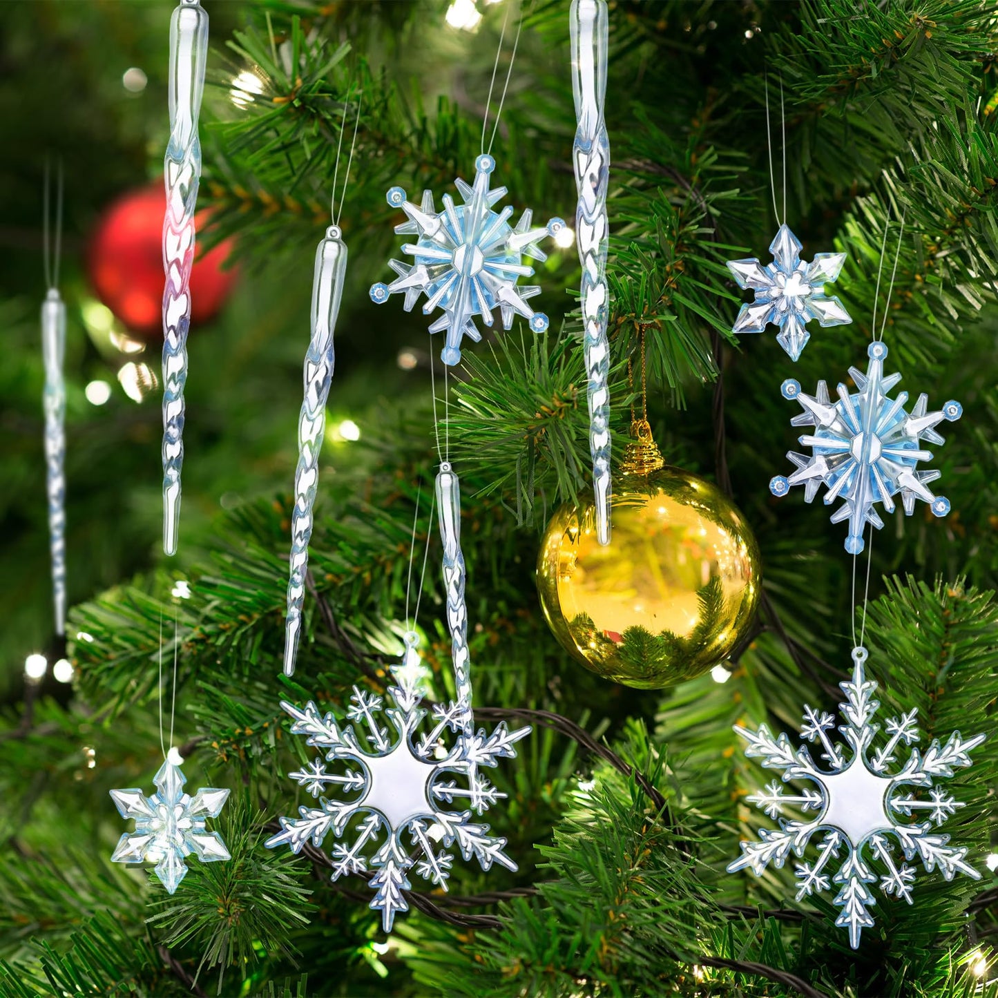 Chuangdi 72 Pcs Snowflake Icicle Ornaments for Christmas Tree Twisted Glitter Icicles Acrylic Hanging Drop Decoration for Winter Xmas Holiday Party New Year Outdoor Supplies(Clear Blue)