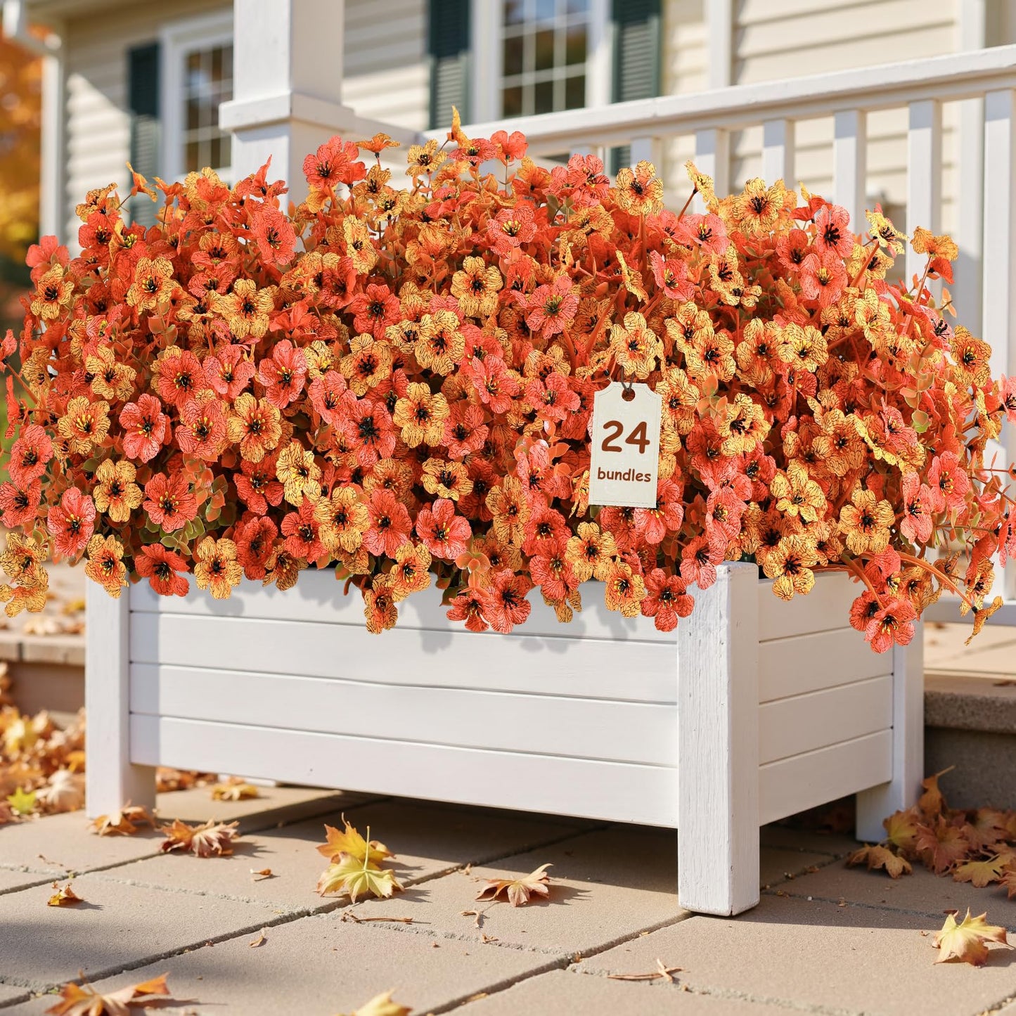 Alupssuc 24 Bundles Autumn Artificial Flowers Outdoor Decorations, Silk Violet Plastic Fake Flower Plants for Hanging Baskets Garden Porch Window Home Vases Wedding Farmhouse Decor, Orange and Red