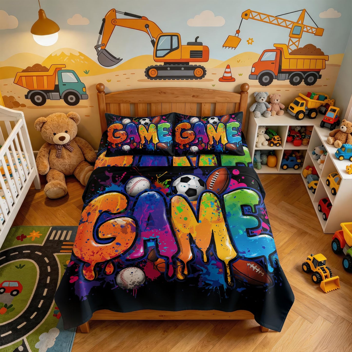 Ball Sports Twin Sheet Set 3 Pcs Graffiti Game Bed Sheets, Black Blue