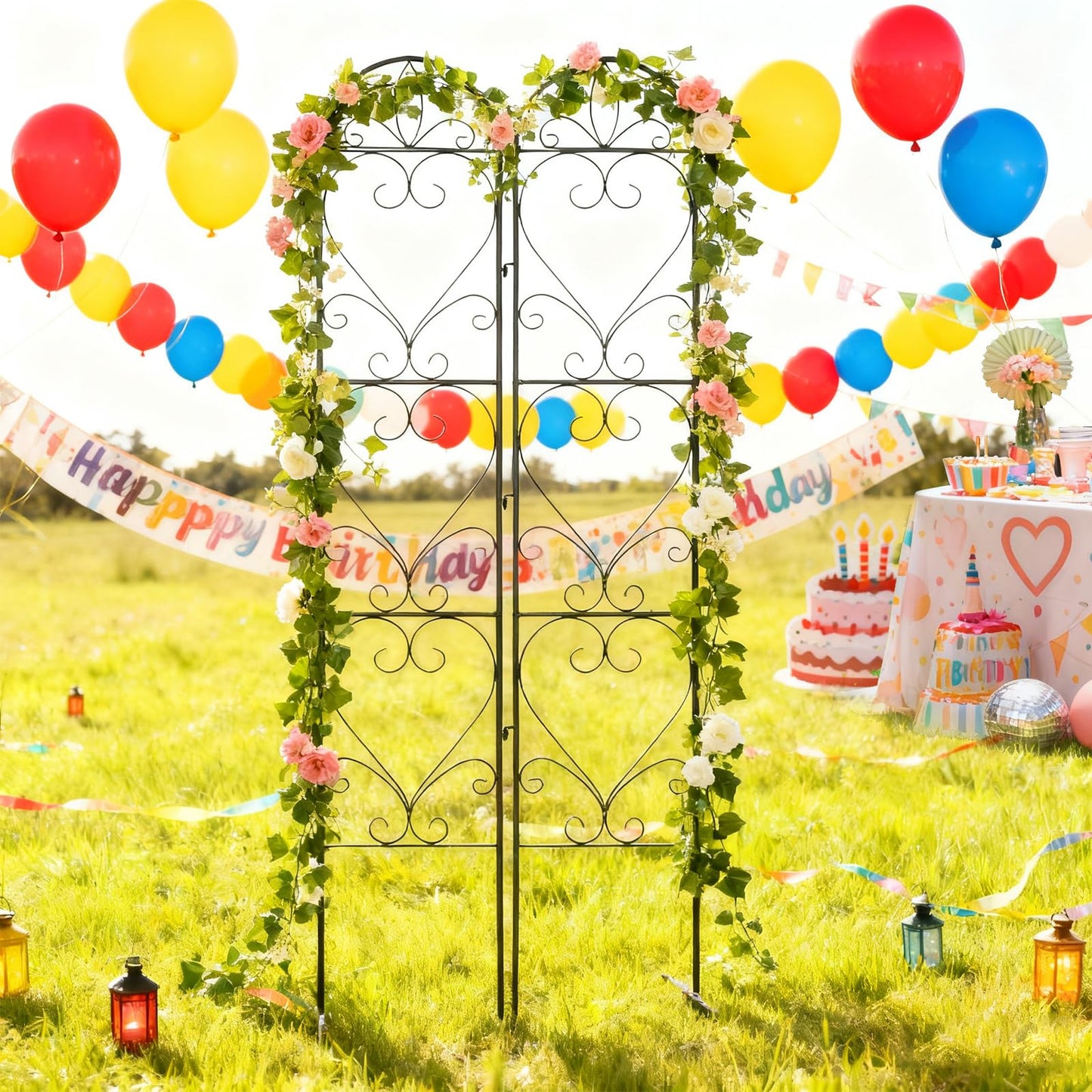 XYCCRX 2PCS Metal Garden Trellis for Climbing Plants Outdoor, Heavy-Duty Cucumber Tomato Trellis for Raised Garden Bed, Decorative Wrought Iron Trellis Arch for Wedding Party Decor