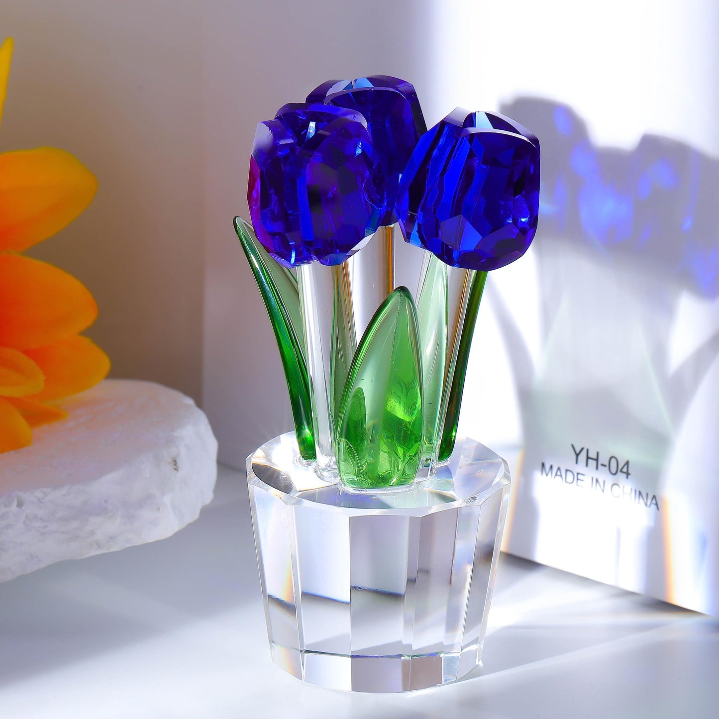 Qianwei Crystal Tulips Flowers Figurine Blue with Vase - Glass Flower Bouquet Collectible Figurines Crystal Office Home Decor Paperweight - Tulip Gifts for Women Mom Bestfriend Wedding Anniversary