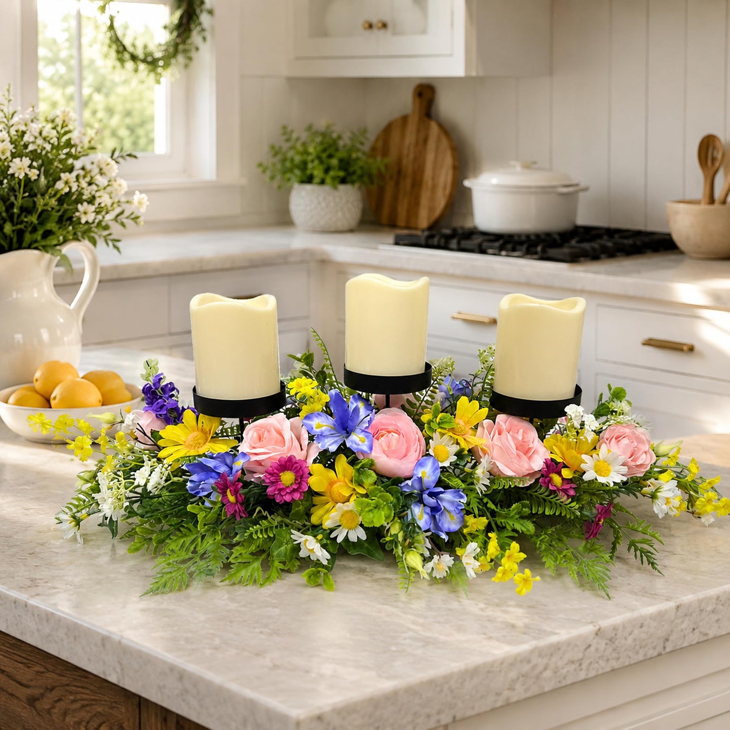 Lnymura 24" Spring Summer Floral Candle Holder Centerpiece for Table Decor