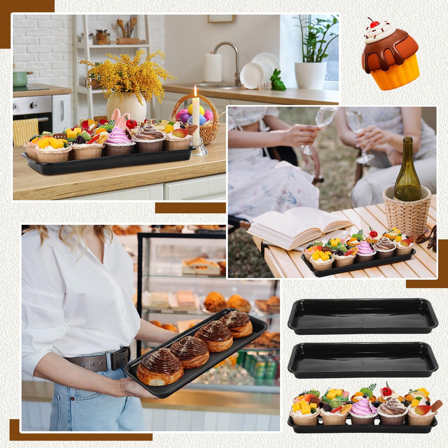 Ziliny 20 Pcs Serving Platters 14 x 6 Inch Rectangle Serving Trays Reusable Food Tray Dishes Dessert Trays Plastic Plates for Wedding Home Table Thanksgiving Christmas Party(Black)