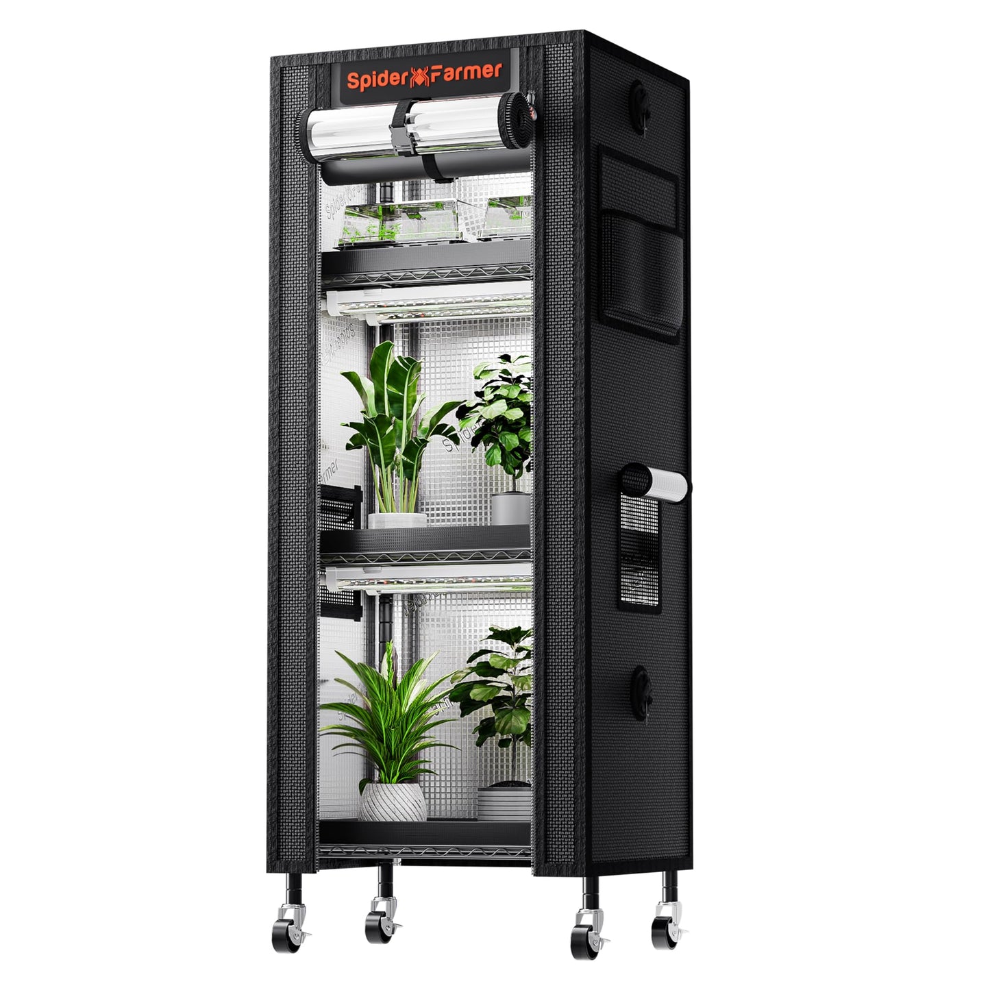 Spider Farmer 2025 Plant Stand with Grow Light, 4-Tier Rack 6Pcs 12" Full Spectrum 5000K LED Grow Lamps and Tent Cover Height Adjustable Small Greenhouse for Seedling Plant Indoor 16Lx12Dx47H (Update)