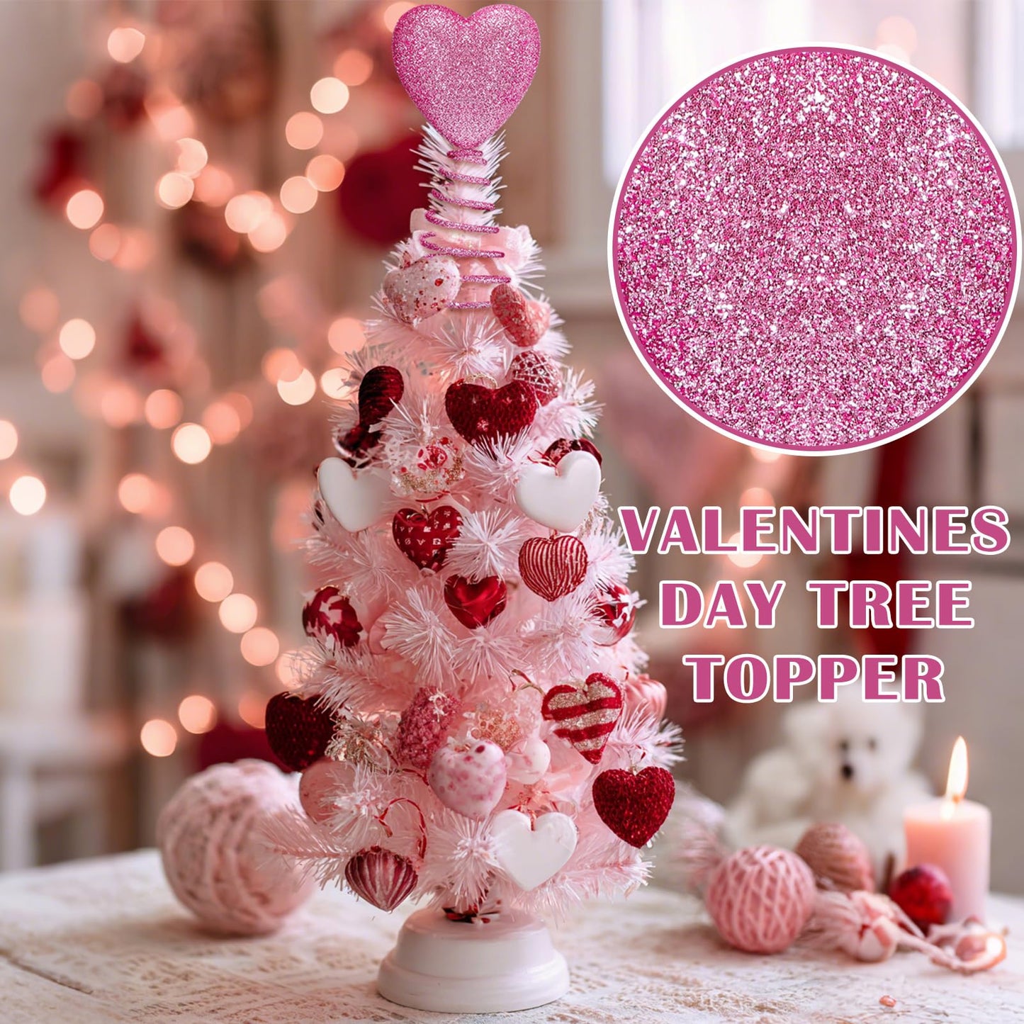 Gejoy Mini Valentine Christmas Tree Topper Pink Heart 6 Inch Miniature Glitter Heart Star Tree Topper for Valentine Home Decor Holiday