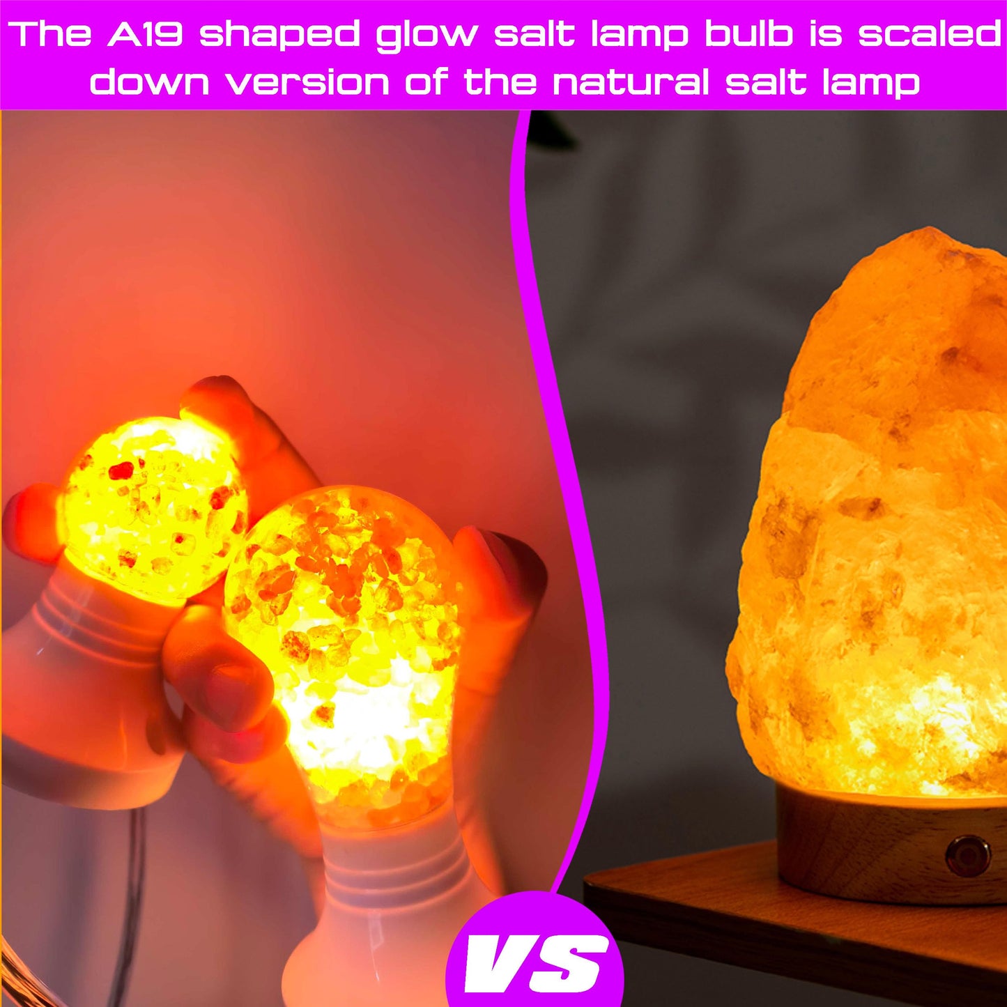 Elmoyle Dimmable Himalayan Salt Lamp LED Light Bulbs, E26 2200K Warm Amber Pink Night Light, 6W Mood Lighting, E26 A60 Salt Rock Stress Relief Bulbs for Bedroom, Decor, Sleep Light, 2pack