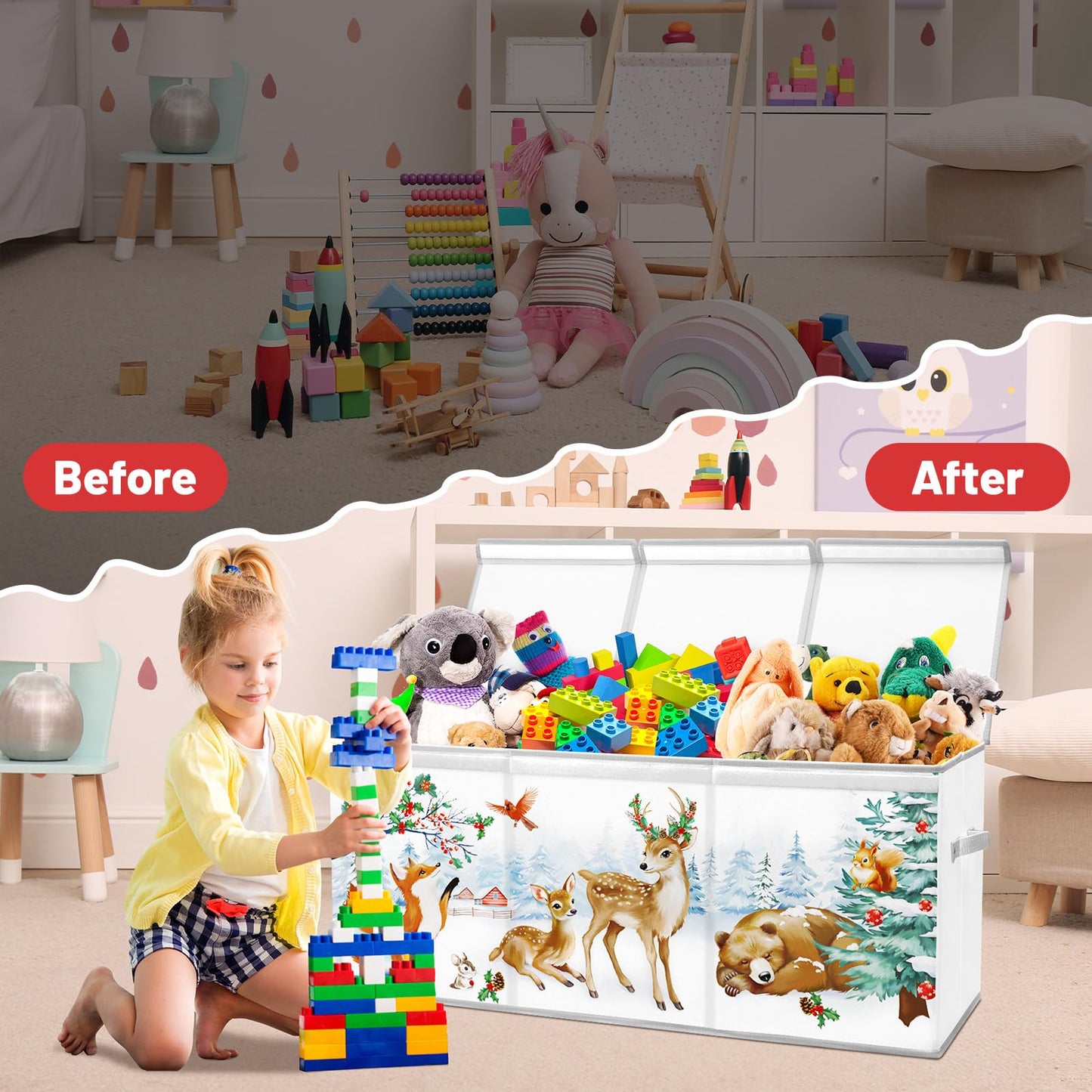Christmas Toy Storage Bin,Extra Large Toy Box Chest with Lids & Handles for Kids Boys Girls,Collapsible Storage Organizer Box Bin Basket for Bedroom,Playroom, Nursery,37.8"x12.6" x15.7",Animals
