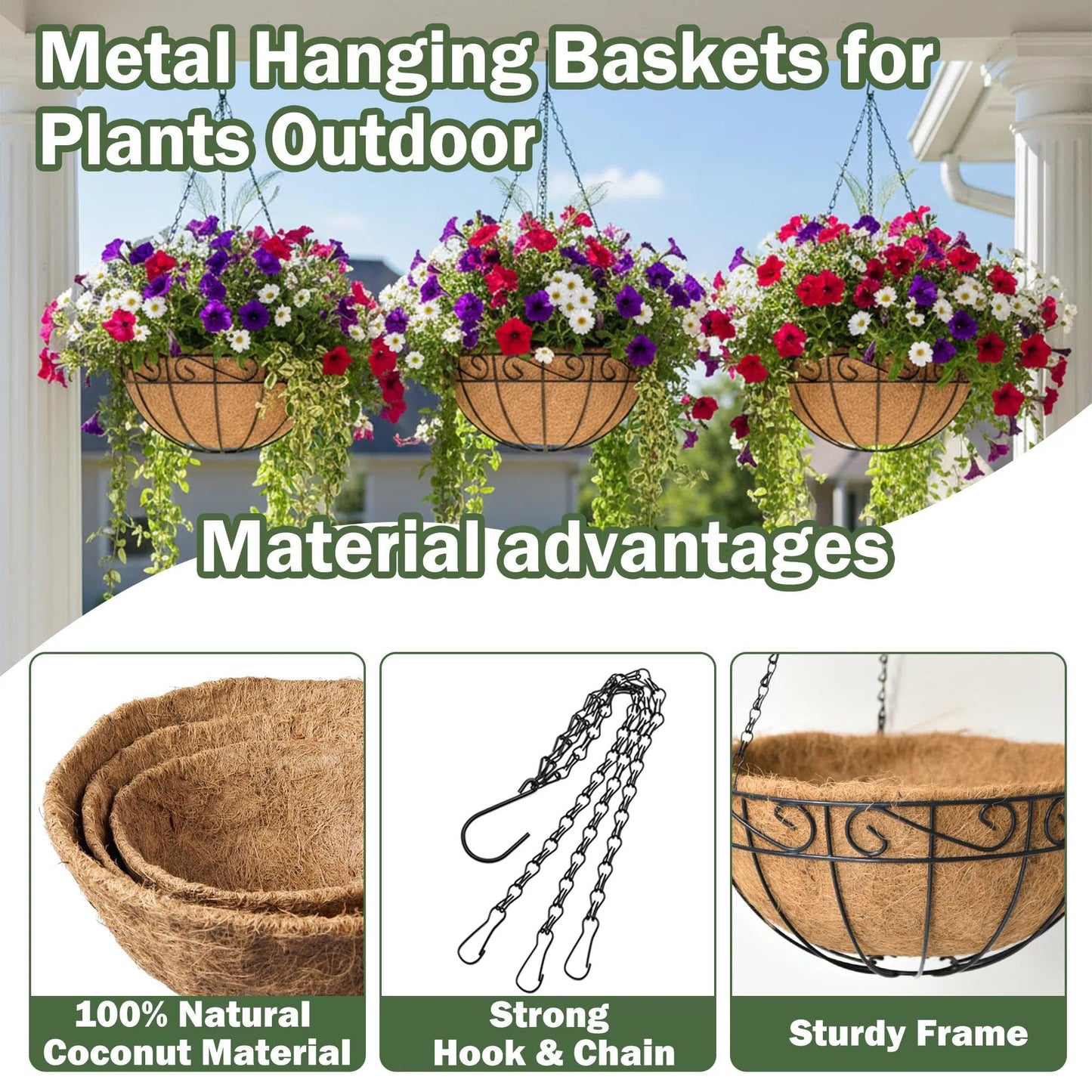 KIDYBELL 4 Pack 14 Inch Hanging Baskets for Plants Outdoor Metal Hanging Planter Basket with Coco Coir Liner Hanging Flower Pots Holder for Garden, Patio(Flower)