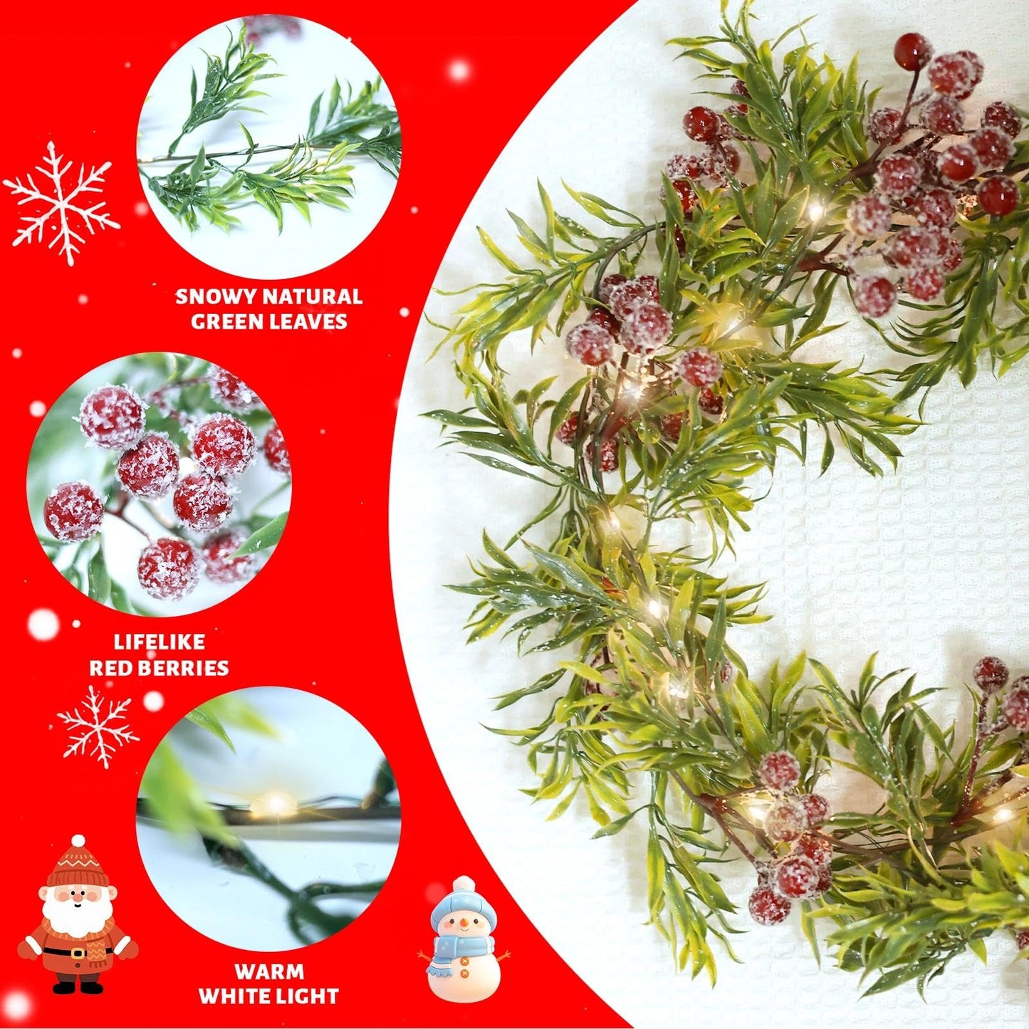 Christmas Garland with Light,Lighted Snowy Red Berries Holly Leaves Garland for Fireplace Mantle Indoor Outdoor Christmas Decoration 6.5FT Pre-lit Battery Operated Xmas String Lights 1 Pack