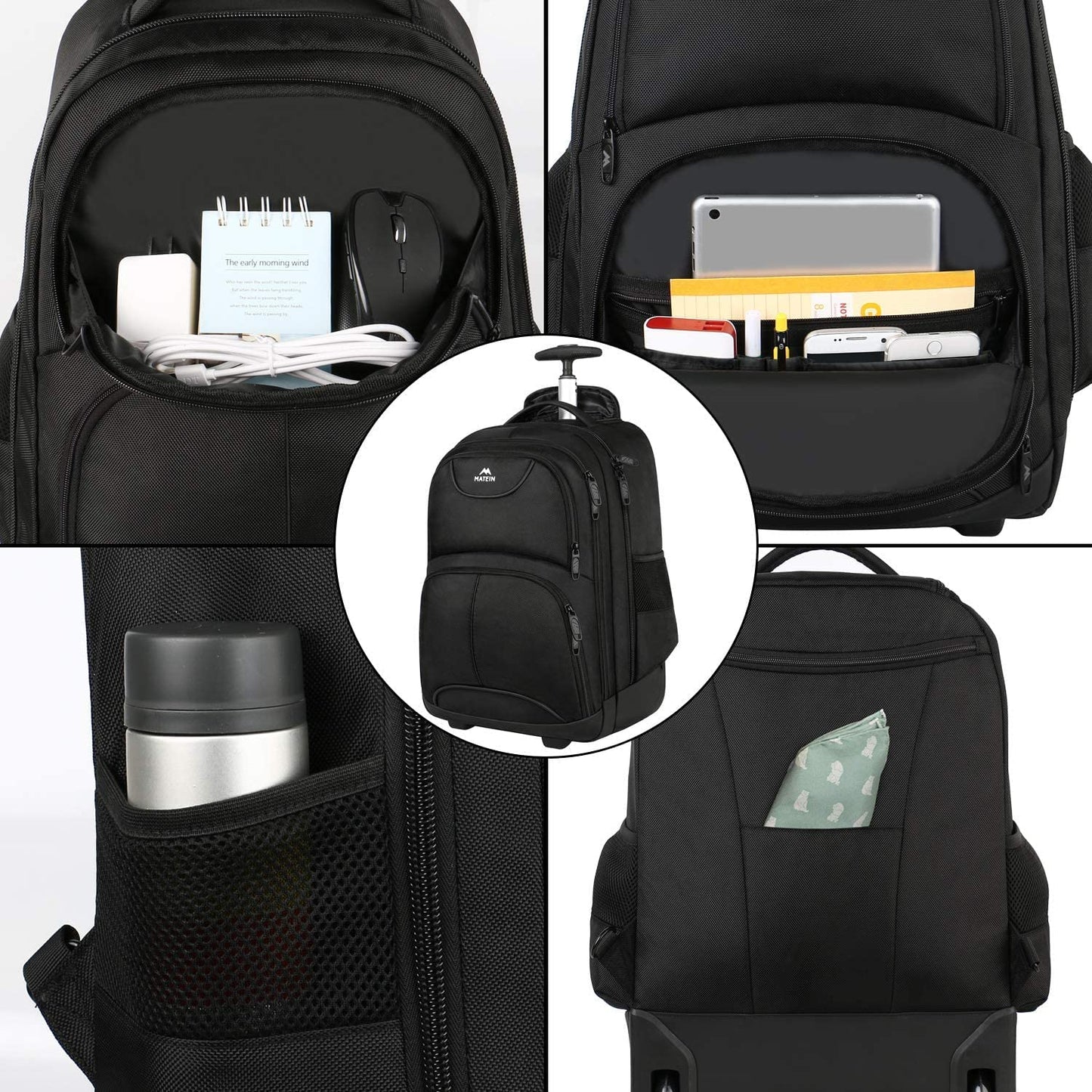 MATEIN Travel Backpack with Wheels, Rucksack with Wheels Cabin Size Wheeled Backpack 17inch Laptop Trolley Business Cabin Bag Carry On Suitcase Hand Luggage School Backpack for Women, Men, Uni, Black