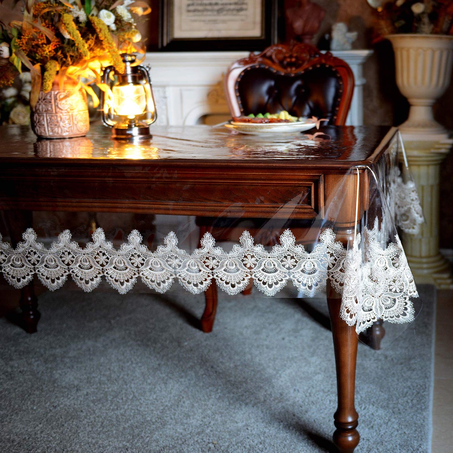 SUTAVIA Vinyl Tablecloth 100% Waterproof lace Tablecloth Environmentally PVC Oil Proof Table Protector Oblong Transparent TableCover for Home Dining Table Parties(Gold, 60"x84")