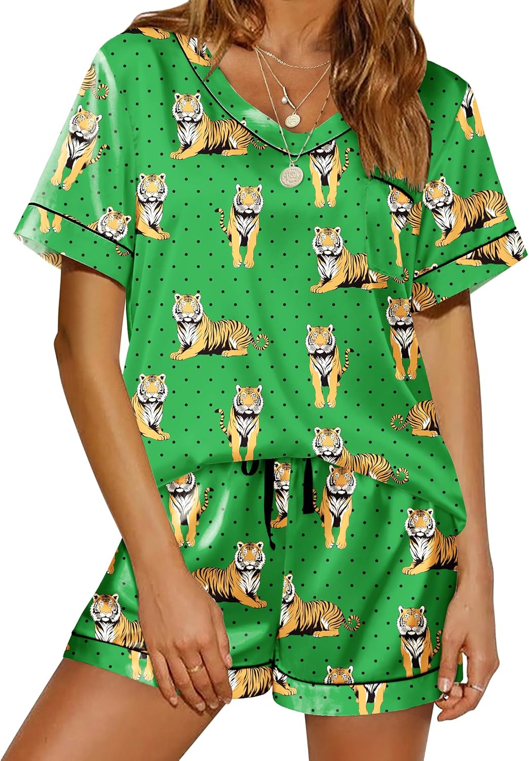 Ekouaer Silk Pajama for Women Short Sleeve Satin Pj Set Two Piece Soft Sleepwear Loungewear, S-XXL