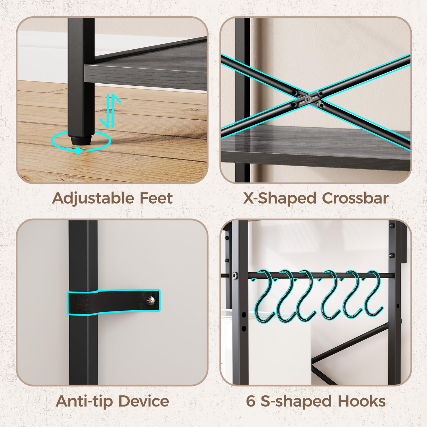 SUPERJARE Kitchen Bakers Rack with Power Outlet, Coffee Bar Table 4 Tiers, Kitchen Microwave Stand with 6 S-shaped Hooks, Storage Shelf Rack for Spices, Pots and Pans - Rustic Brown