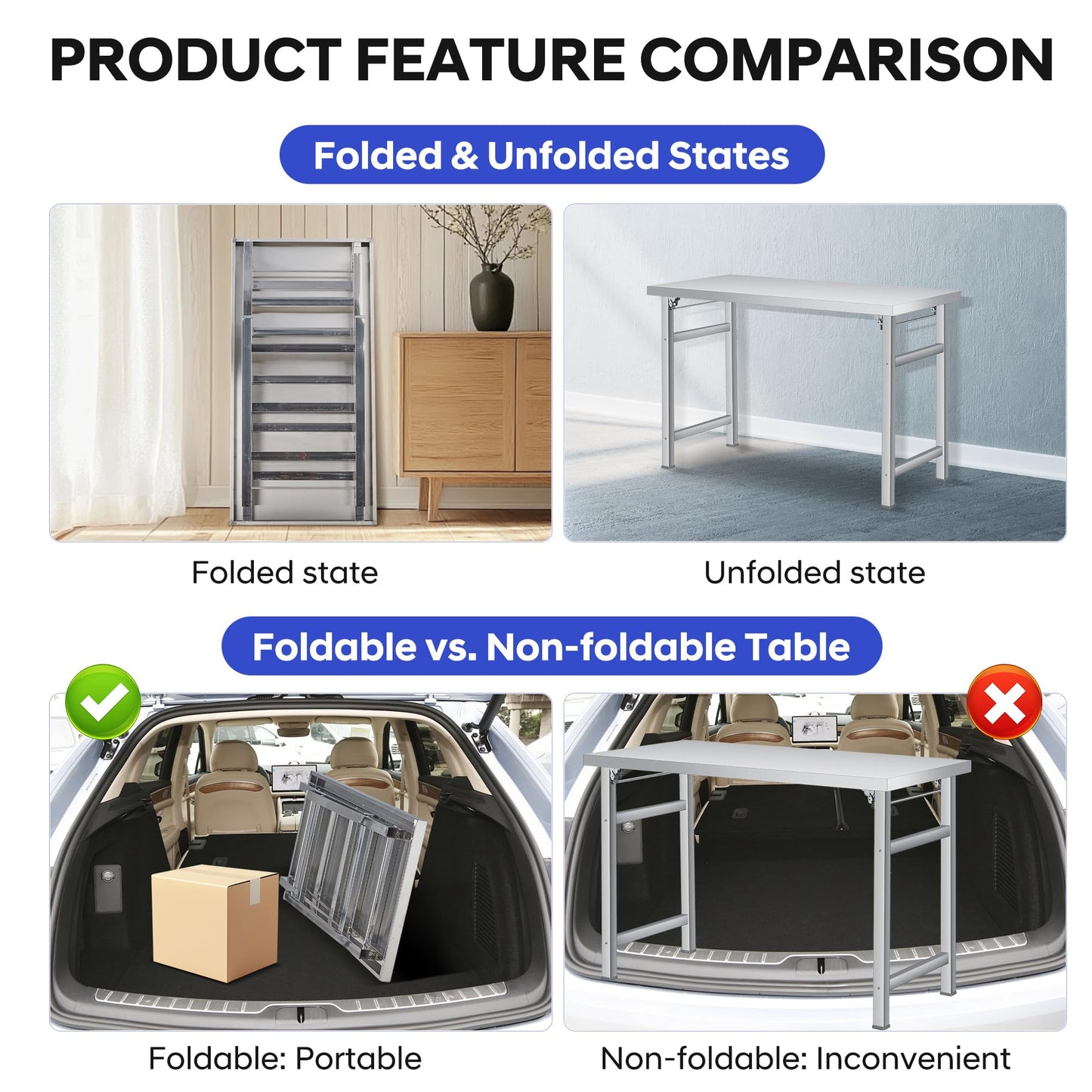 GAOMON 48" Folding Stainless Steel Table, 520 LBS Single Tier Commercial Worktable Workstation for Prep & Work, NSF Stainless Steel Kitchen Island for Home Kitchen Restaurant Garage Warehouse
