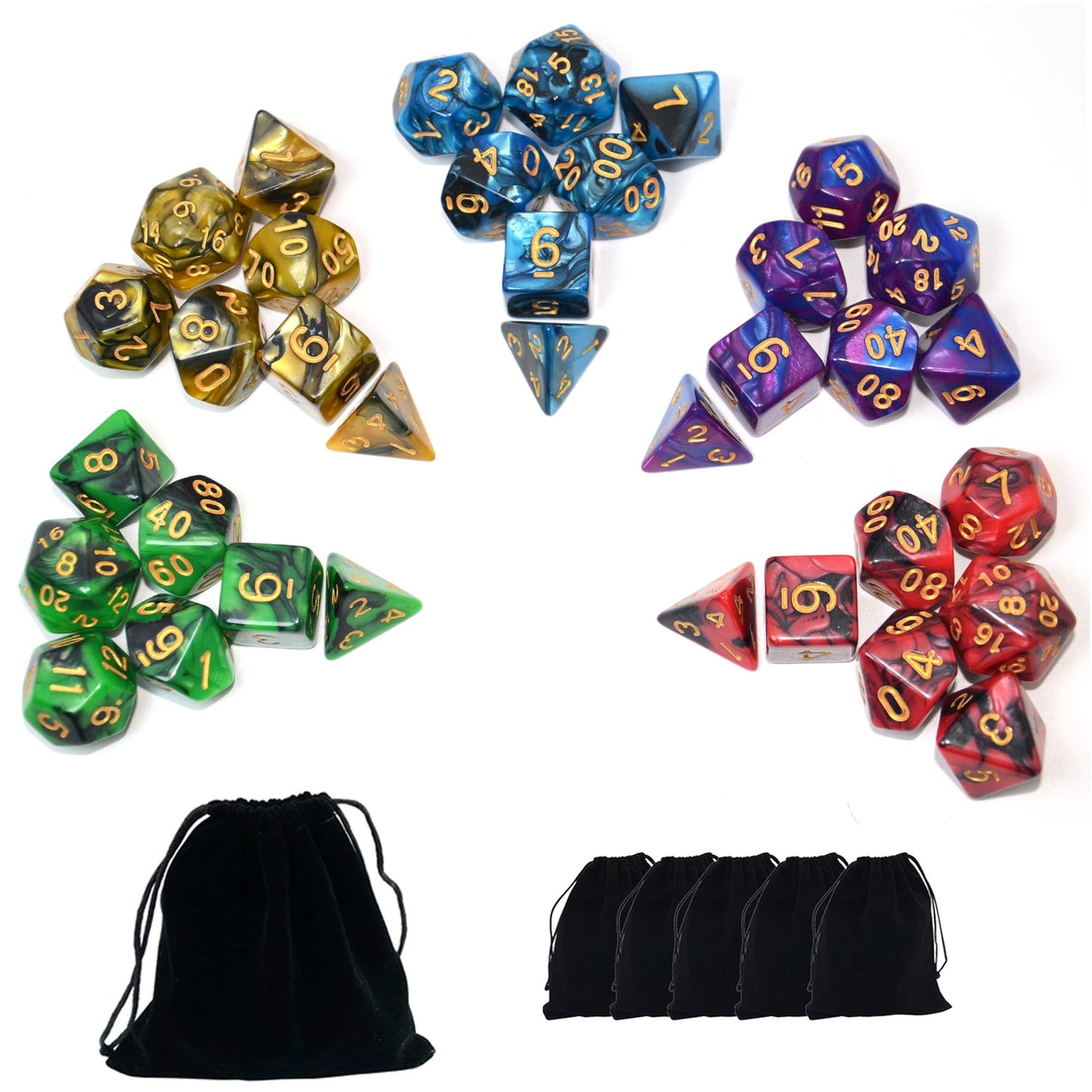 SmartDealsPro 5 x 7-Die Double-Colors Polyhedral Dice Sets with Pouches for D&D DND RPG MTG Dungeon and Dragons Table Board Roll Playing Games D4 D6 D8 D10 D% D12 D20