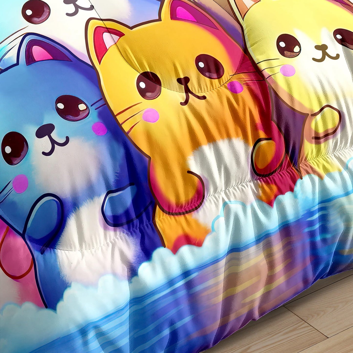 Jiospet Rainbow Cat Comforter Full Size - Rainbow Cat Bedding for Girls Room Cute Cartoon Rainbow Bedding Full Comforter Sets for Kids, 1 Comforter+2 Pillowcases