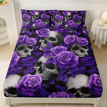 HOSIMA Death Skull Fitted Sheet Full,Skull Head and Flowers Printed Gothic Bedding,Horror Themed Floral Bedding for Girls Women Halloween Room Decor,1 Fitted Sheet+2 Pillowcases.