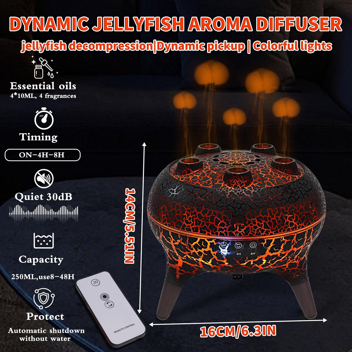 KCKJ Jellyfish Essential Oil Diffuser Sound-Activated Spray Dancing Jellyfish,250ml Aroma Air Diffuser, 3 Mist Modes & 7 Color Lights, Volcanic Lava Design for Home Bedroom(Black Crack)