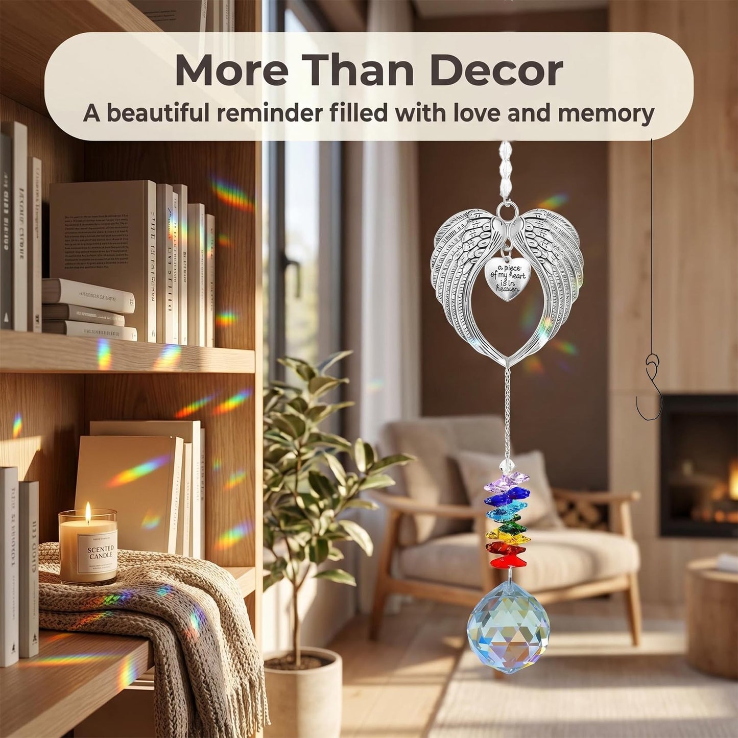 Memorial Suncatcher Angel Wings with Crystal Ball, “A Piece of My Heart is in Heaven” Sympathy Gift for Loss of Loved One or Pet, Bereavement Remembrance Hanging Decor for Window 18.5 Inch