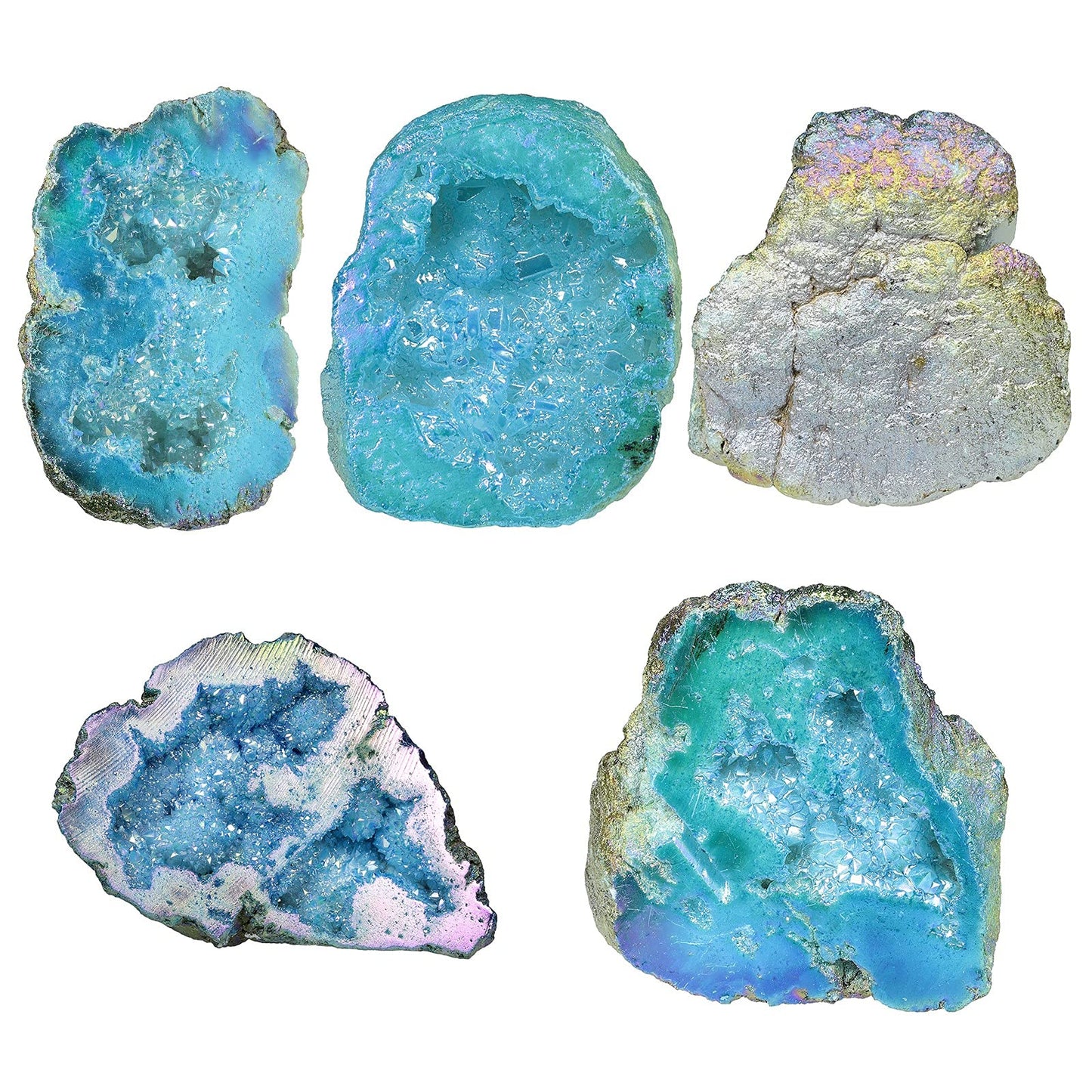 SUNYIK Natural Rainbow Titanium Coated Quartz Geode Quartz Crystal Cluster Specimen for Home Office Decoration Reiki Healing Meditation, 100-200g(0.2-0.4lb), Blue