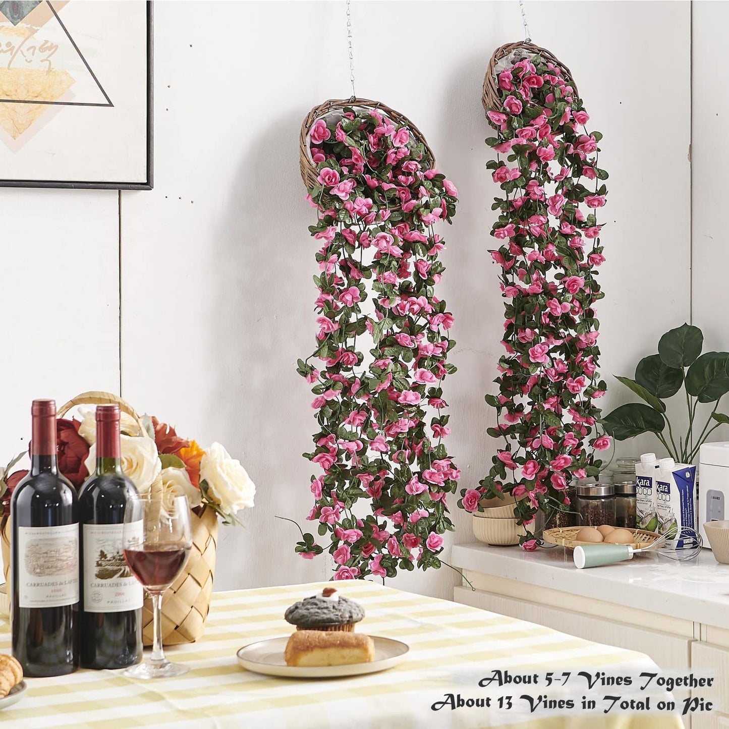PONKING 8 Pcs x 8.2 ft Flower Garland Artificial Rose Vine Flowers with Green Leaves Hanging Fake Roses Vine for Room Party Home Wedding Birthday Christmas Wall Arch Decor, Spring Magenta Flower