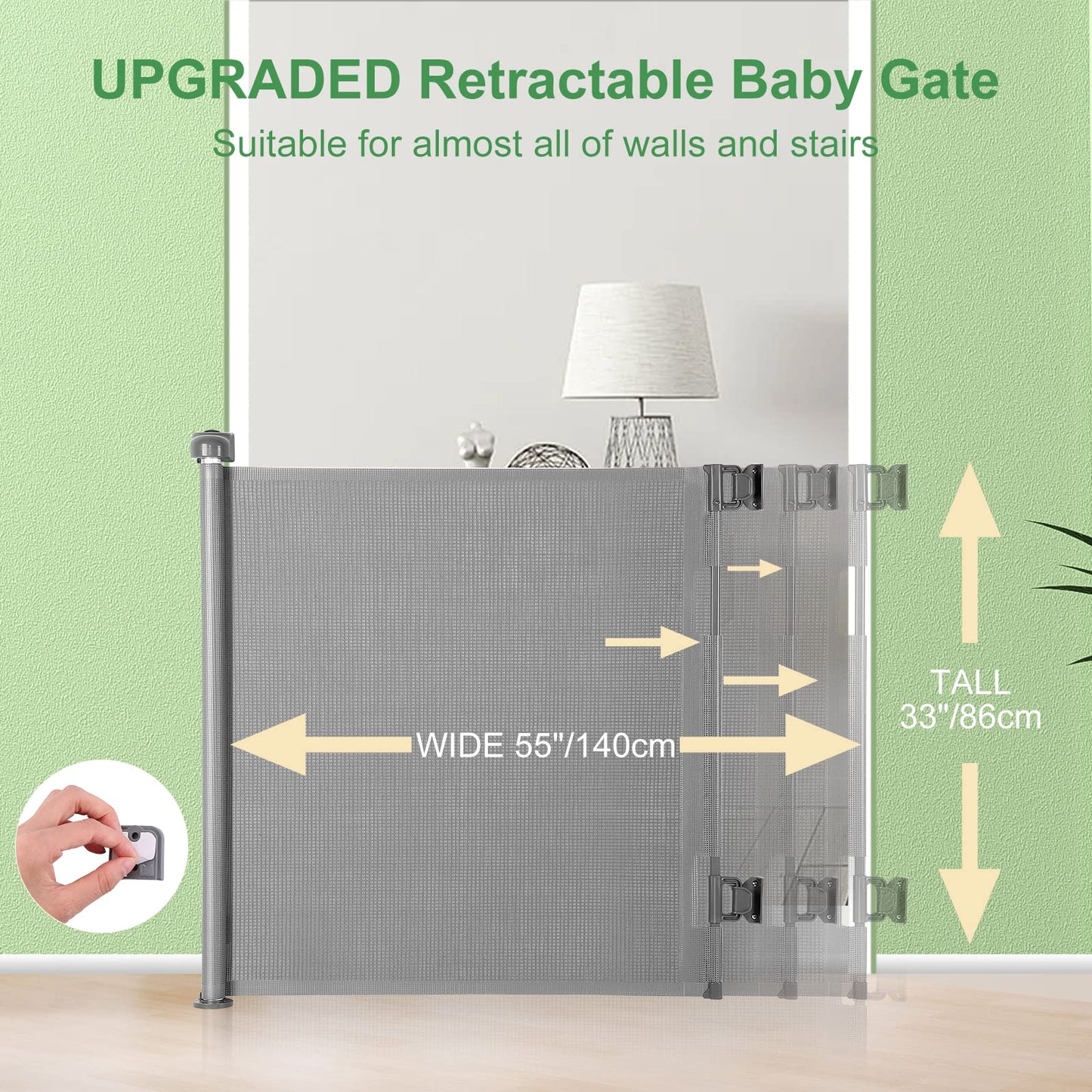 MYPIN Extra Wide Retractable Dog and Baby Gates - Indoor/Outdoor Stair Gates for Stairways, Hallways, Doorways (Grey, 140 X 86 CM)