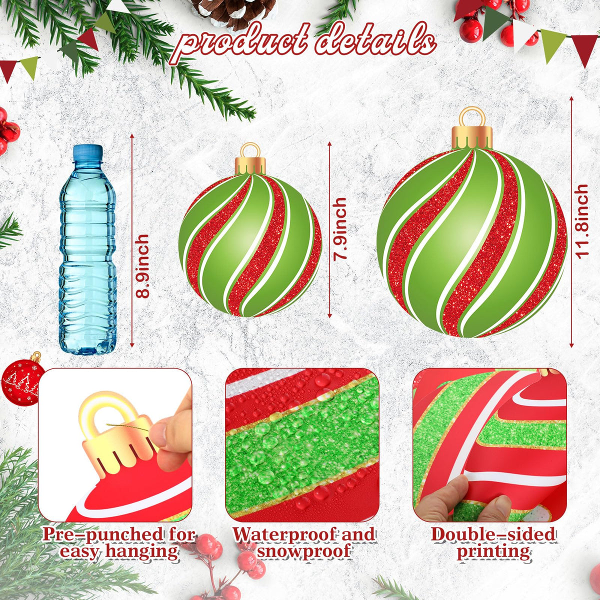 Wonderjune 15 Pieces Large Christmas Ball Yard Decors Include 5 Pcs 11.8 Inch Outdoor Christmas Hanging Ornament 10 Pcs 7.9 Inch Plastic Xmas Ball Ornaments for Lawn Tree Home Decors (Polka Dot)
